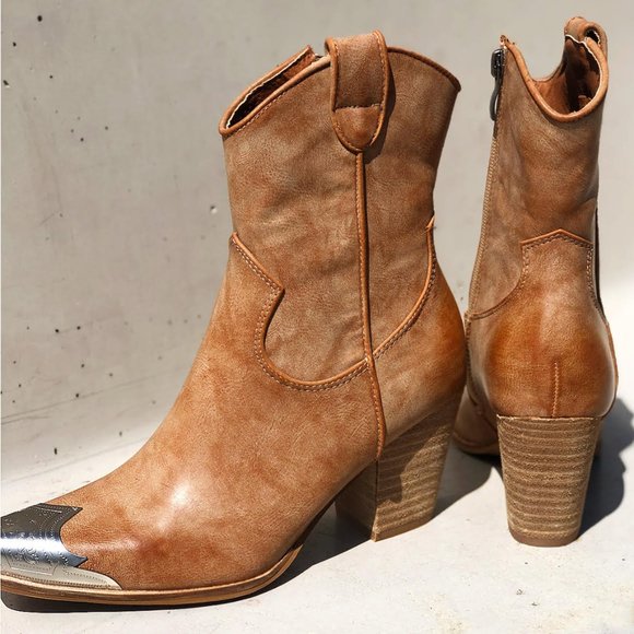 NEW Distressed Nude PU Leather Metal Toe Block Heel Cowgirl Western Ankle Boots - Picture 3 of 14